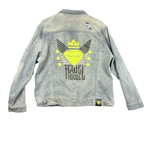 EUC Jewel House RARE Distressed Men’s Diamond Jean Jacket with patches Sz 2X - Picture 11 of 12